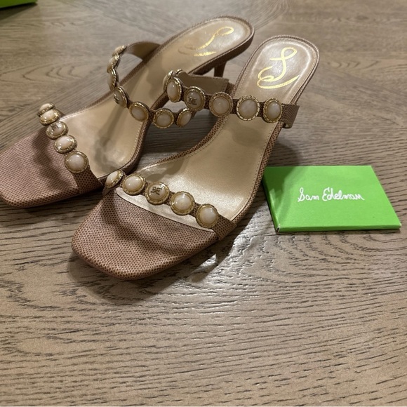 Sam Edelman Palma Kitten Heel Mule Slide Sandals Textured Pearl Beige Nude 9.5 - Picture 4 of 5